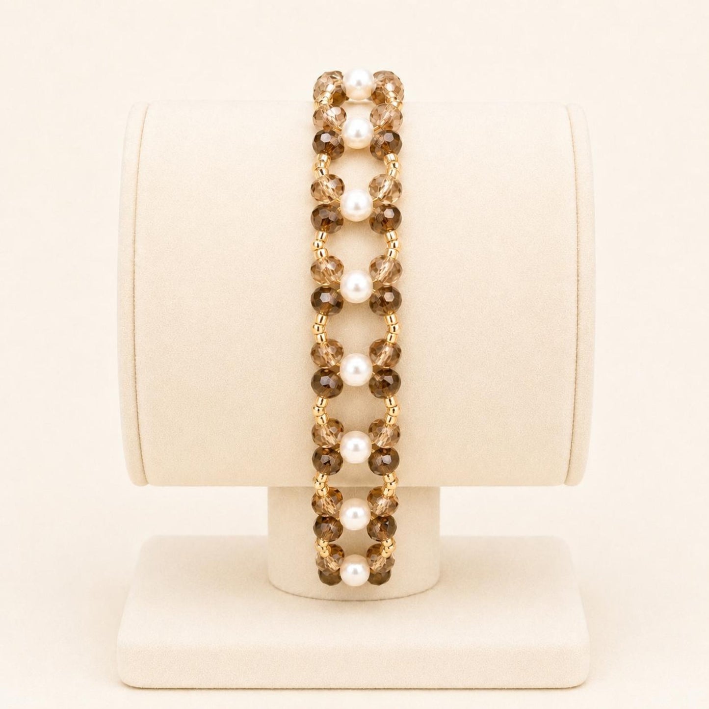 Handmade BRONZED BLISS bracelet with bronze crystal beads, golden Miyuki beads, white faux pearls, and 18K gold-plated stainless steel clasp