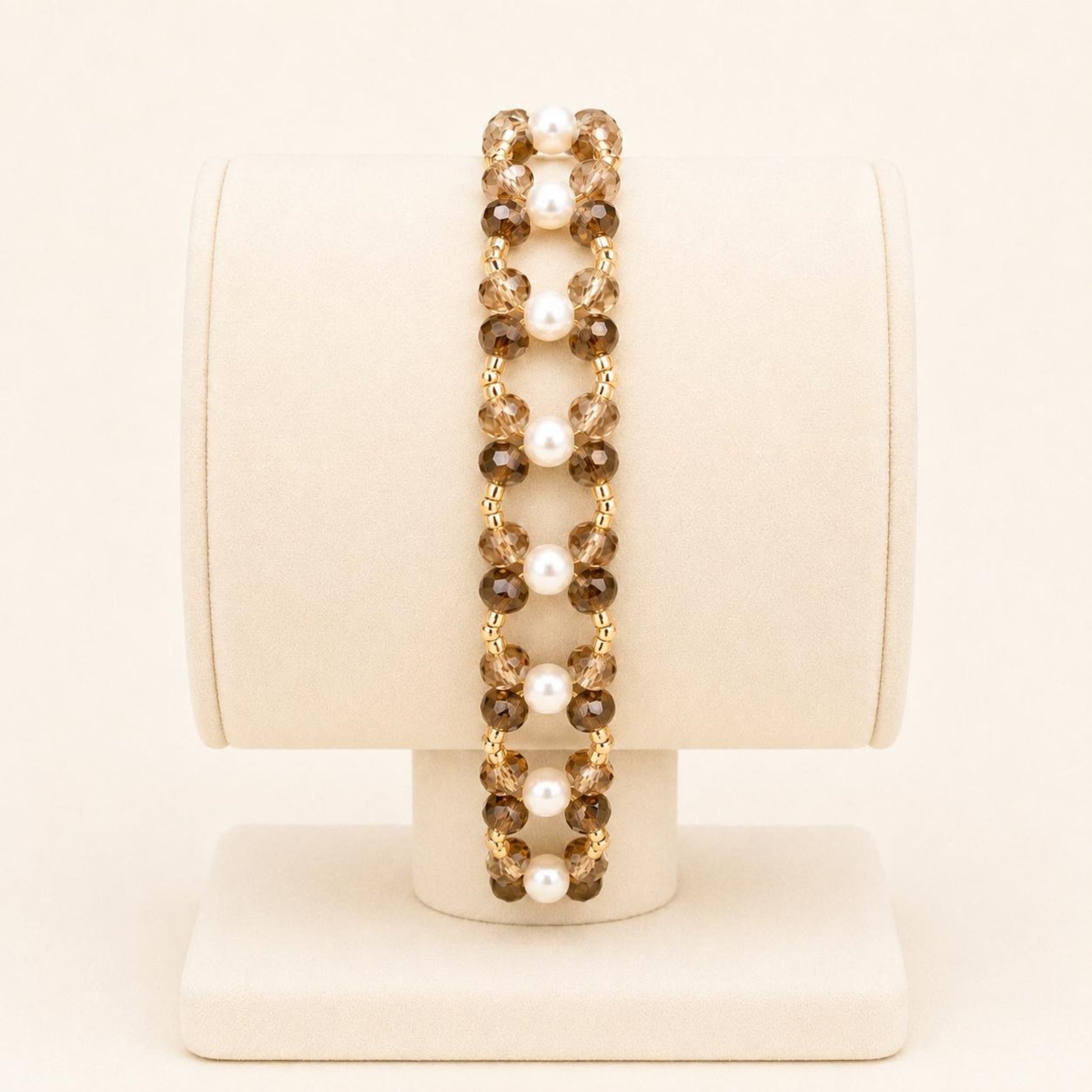Handmade BRONZED BLISS bracelet with bronze crystal beads, golden Miyuki beads, white faux pearls, and 18K gold-plated stainless steel clasp