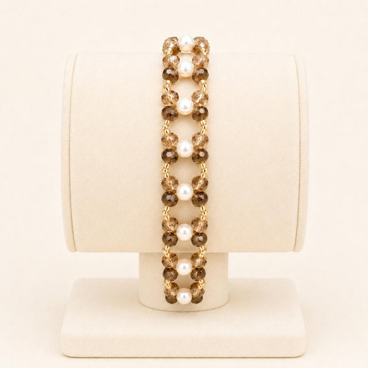 Handmade BRONZED BLISS bracelet with bronze crystal beads, golden Miyuki beads, white faux pearls, and 18K gold-plated stainless steel clasp