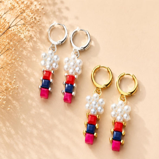 Elegant ROYAL PEARL SYMPHONY earrings with navy, red glass beads, white faux pearls, and gold or silver leverback hoops