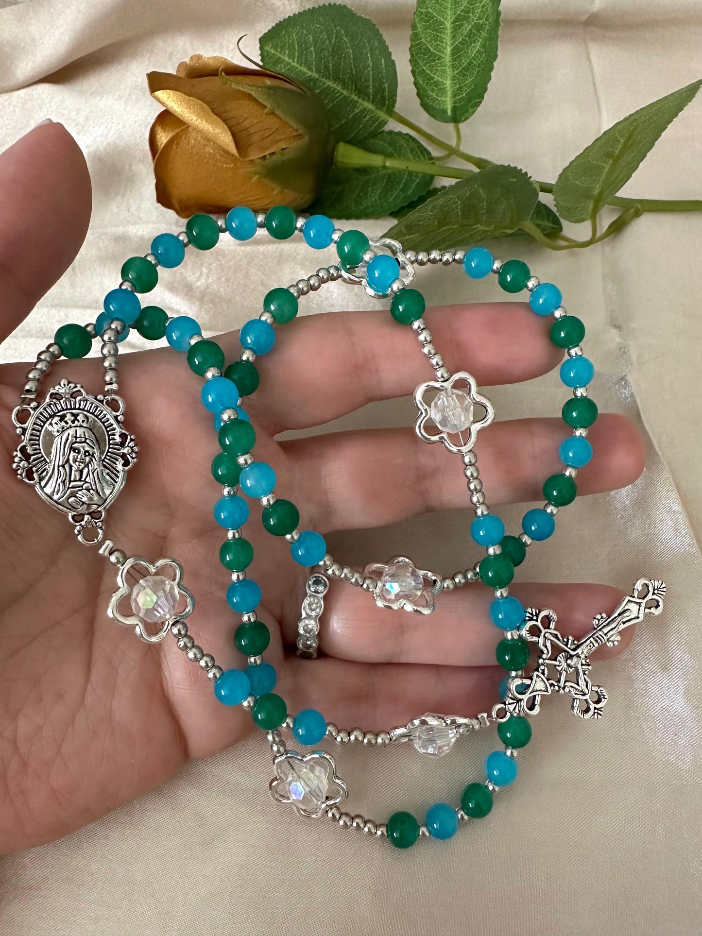 Ocean Bloom Handmade Rosary with green and turquoise glass beads and silver-tone floral accents