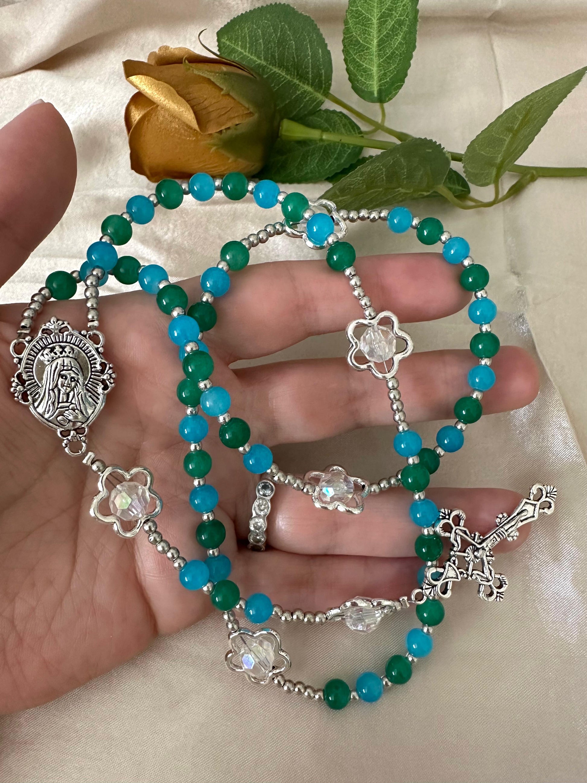 Ocean Bloom Handmade Rosary with green and turquoise glass beads and silver-tone floral accents
