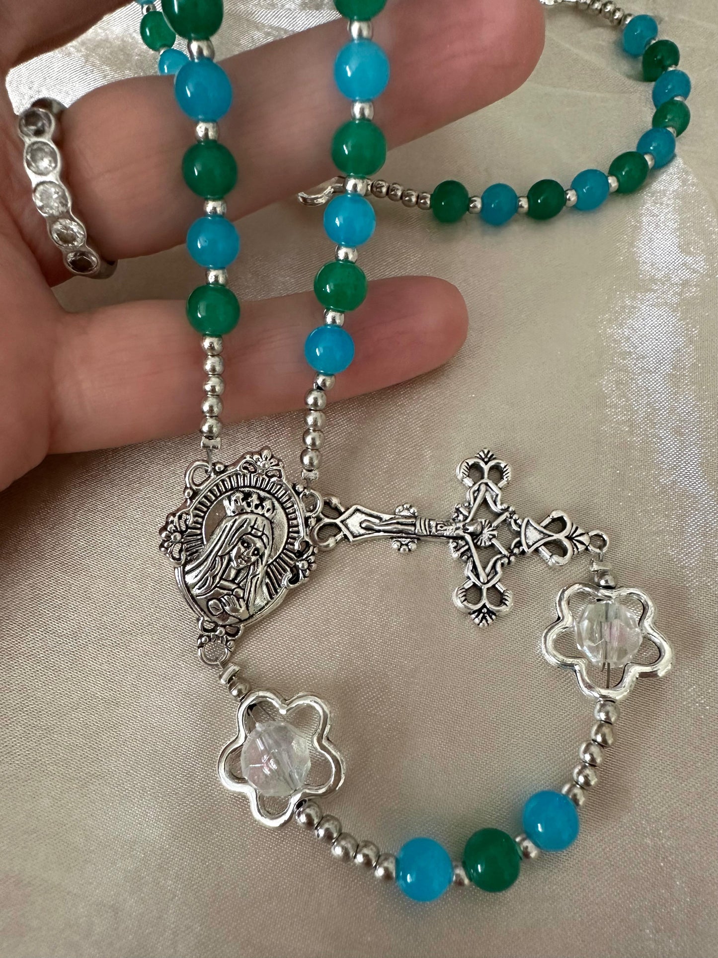 Ocean Bloom Handmade Rosary with green and turquoise glass beads and silver-tone flower accents