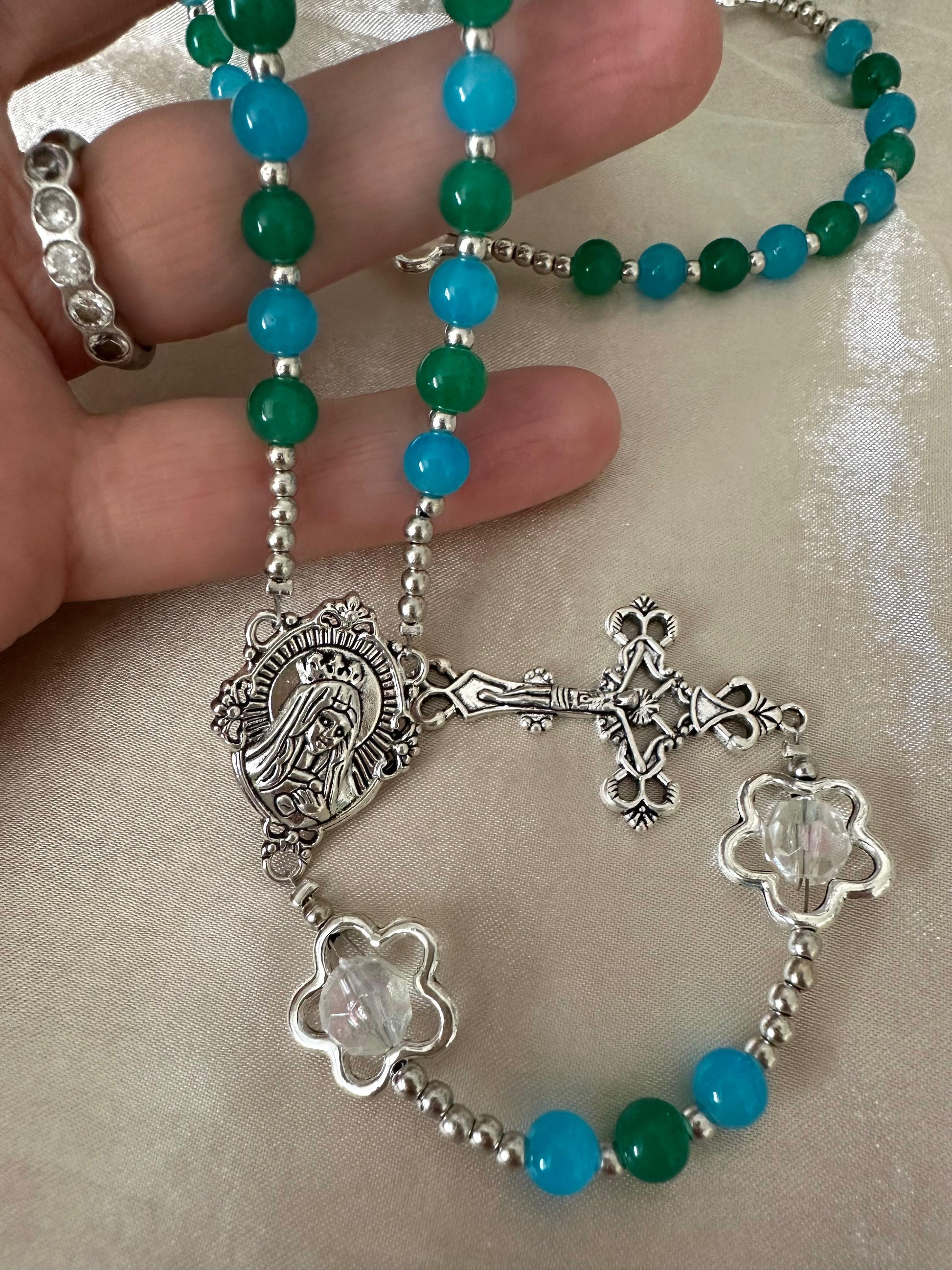 Ocean Bloom Handmade Rosary with green and turquoise glass beads and silver-tone flower accents