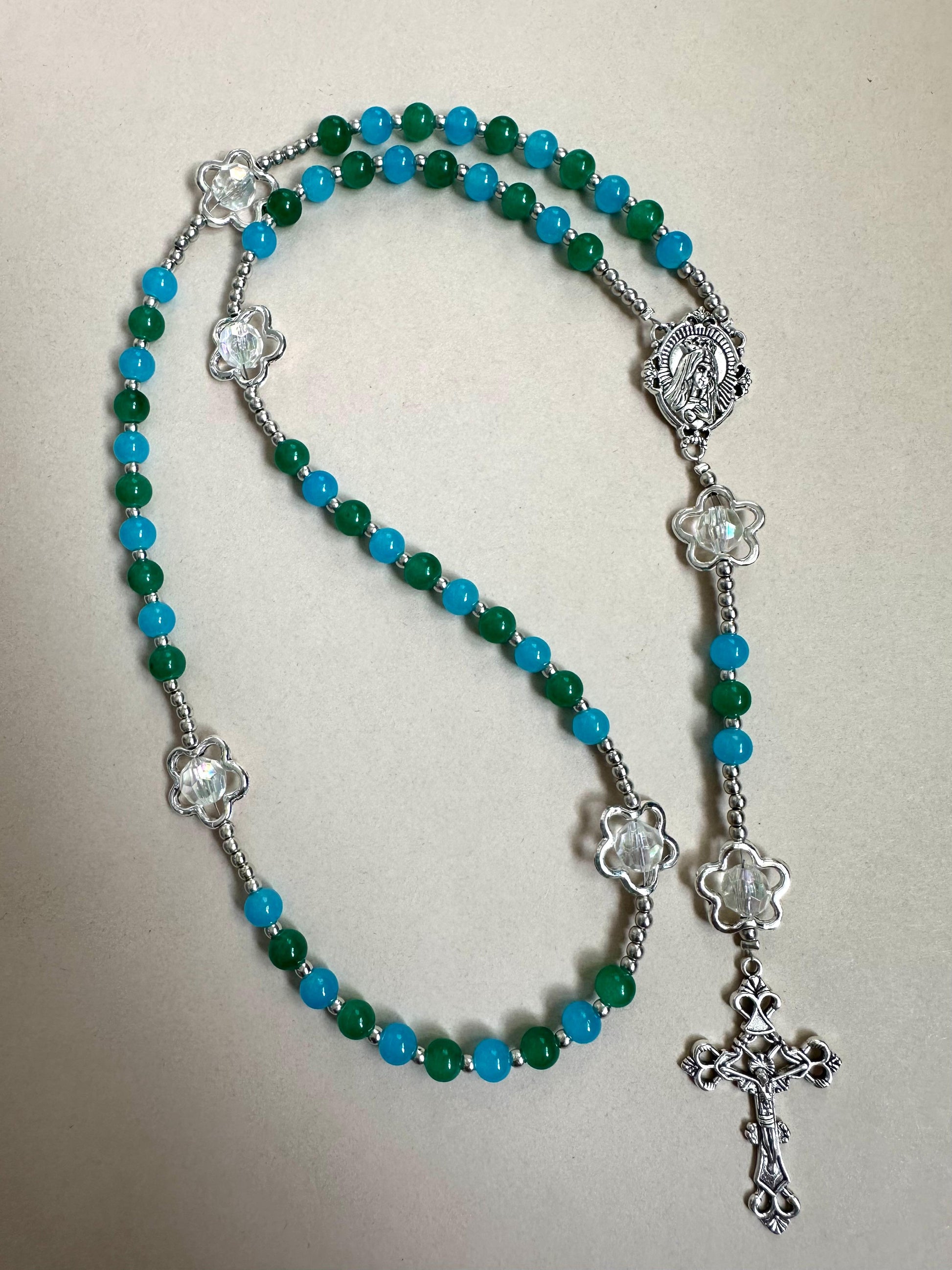 Ocean Bloom Handmade Rosary with green and turquoise glass beads and silver-tone floral accents
