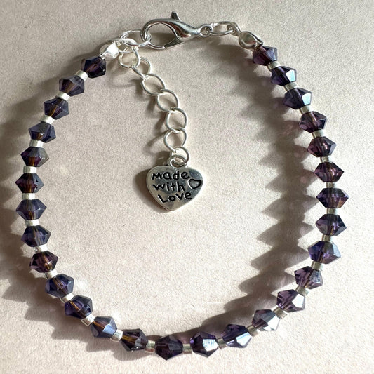 PLUM and SILVER GLASS Handmade Bracelet