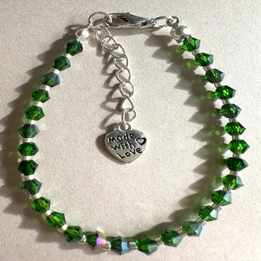 GREEN and SILVER GLASS Handmade Bracelet