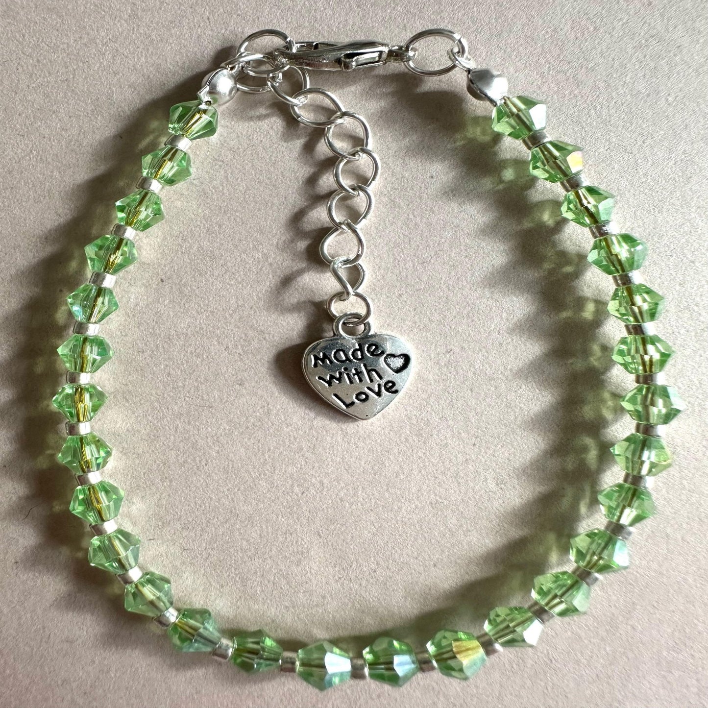 LIGHT GREEN and SILVER GLASS Handmade Bracelet