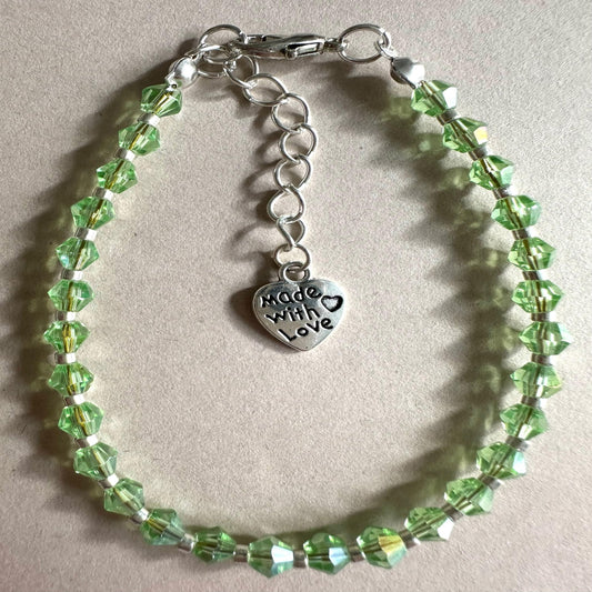 LIGHT GREEN and SILVER GLASS Handmade Bracelet