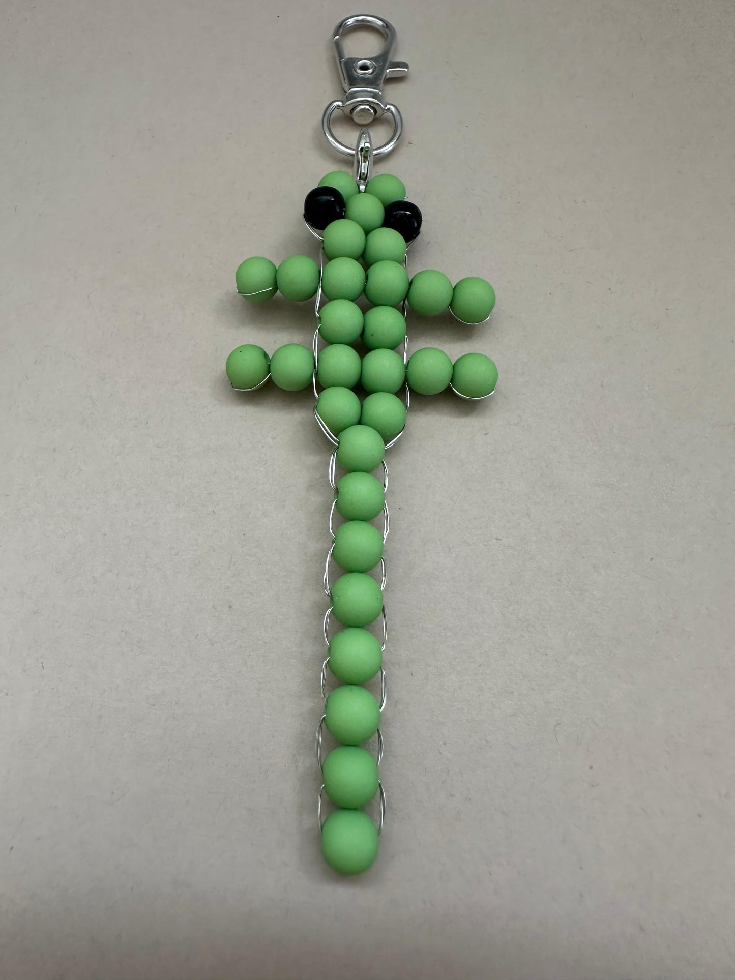 Handmade GREEN LIZARD Silver Keychain with green and black beads on a sturdy clasp