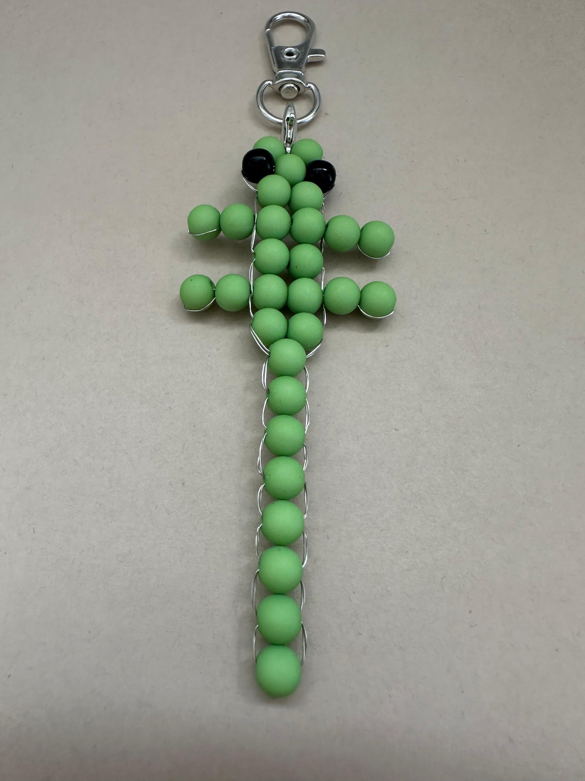Handmade GREEN LIZARD Silver Keychain with green and black beads on a sturdy clasp