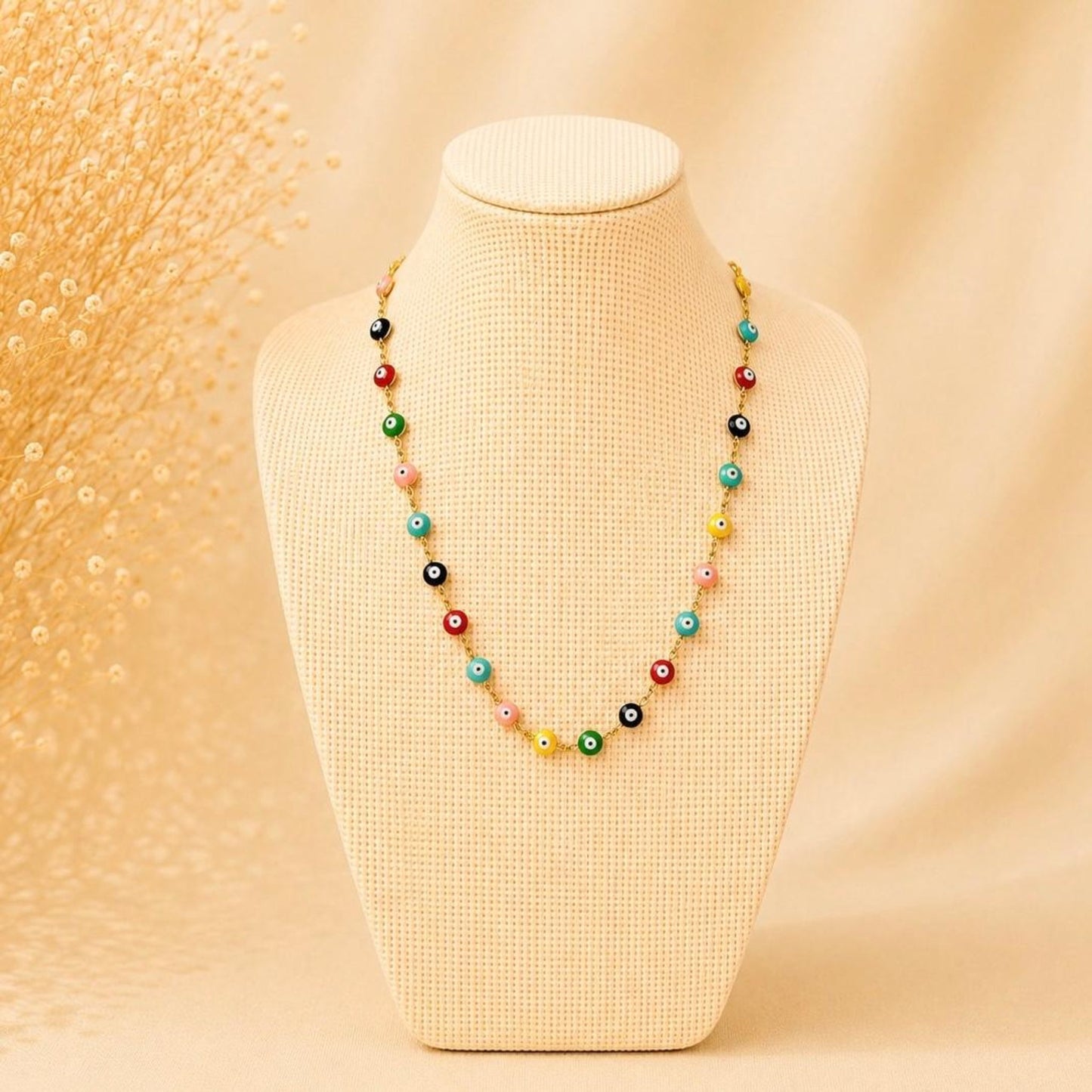 Colorful multicolored Evil Eye beads stainless steel necklace on delicate chain for protection and style