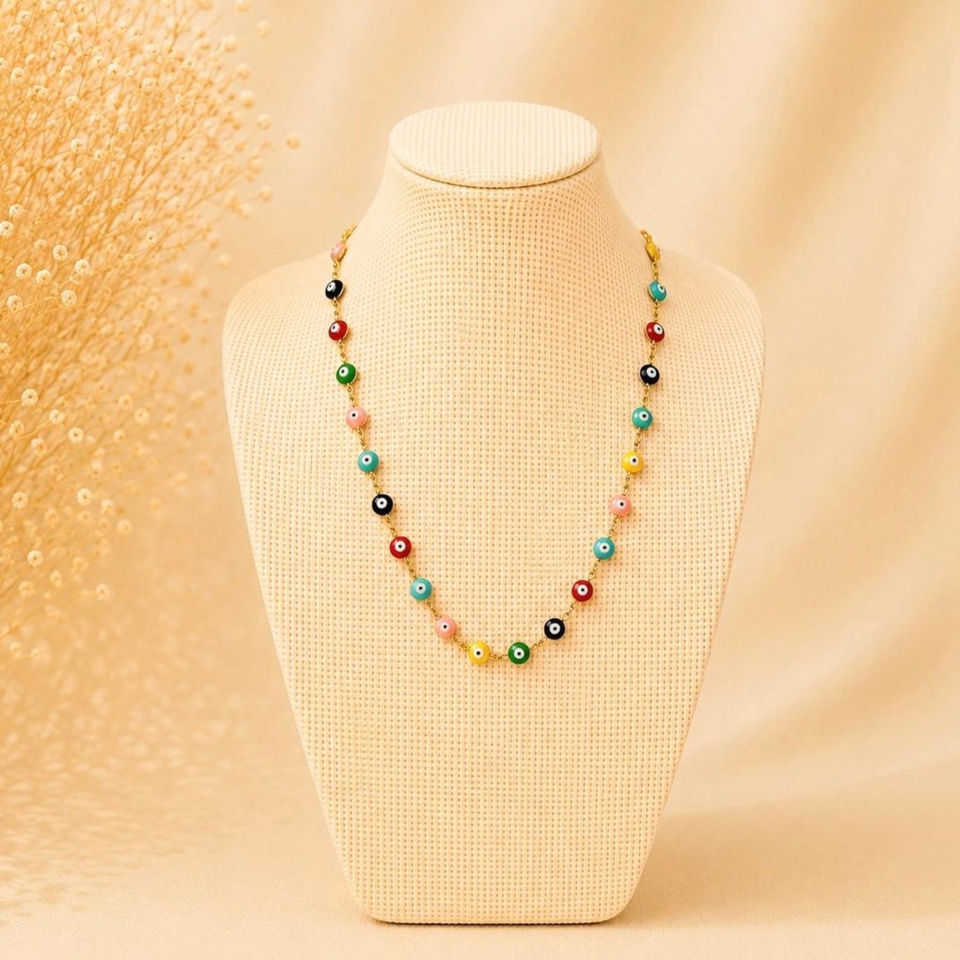 Colorful multicolored Evil Eye beads stainless steel necklace on delicate chain for protection and style