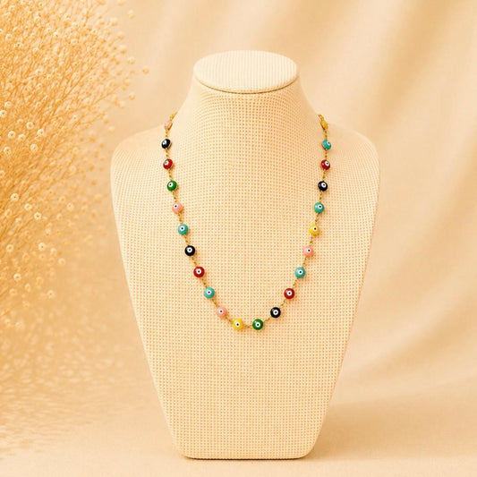 Colorful multicolored Evil Eye beads stainless steel necklace on delicate chain for protection and style
