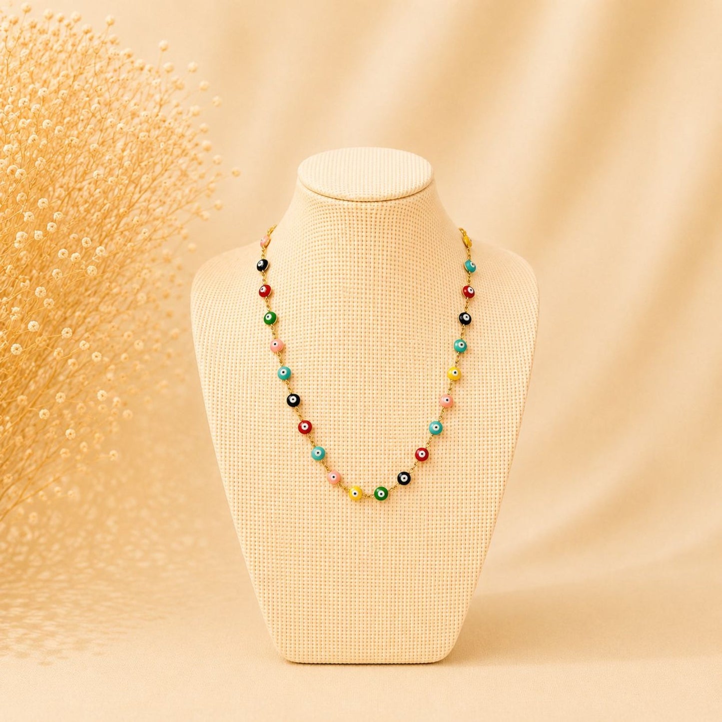 Colorful Evil Eye golden stainless steel necklace with adjustable length and vibrant beads