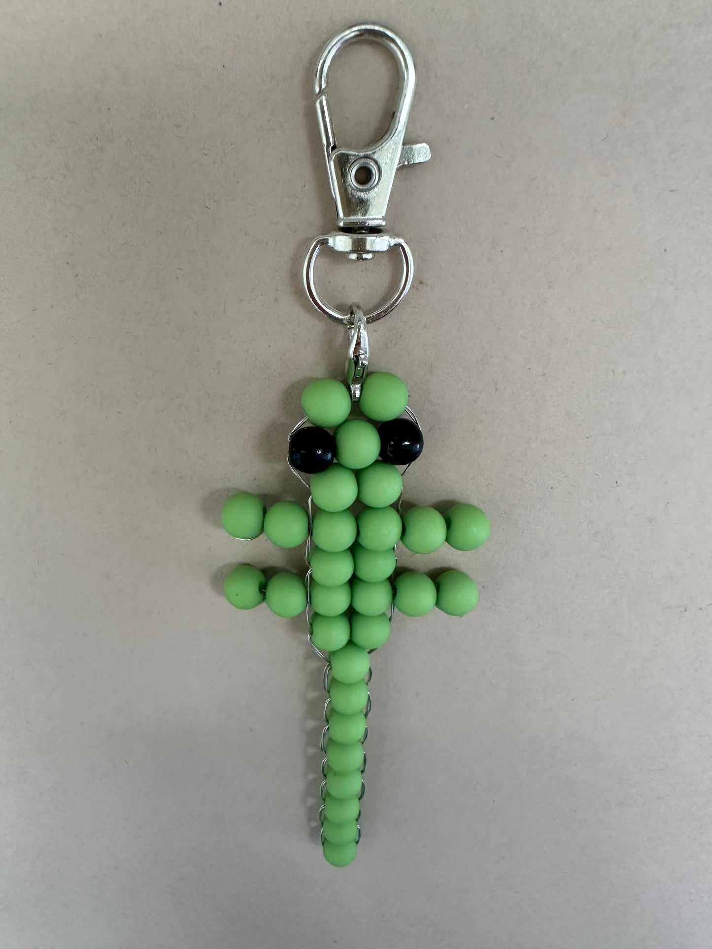 Handmade GREEN LIZARD Silver Keychain with green and black beads on a sturdy clasp