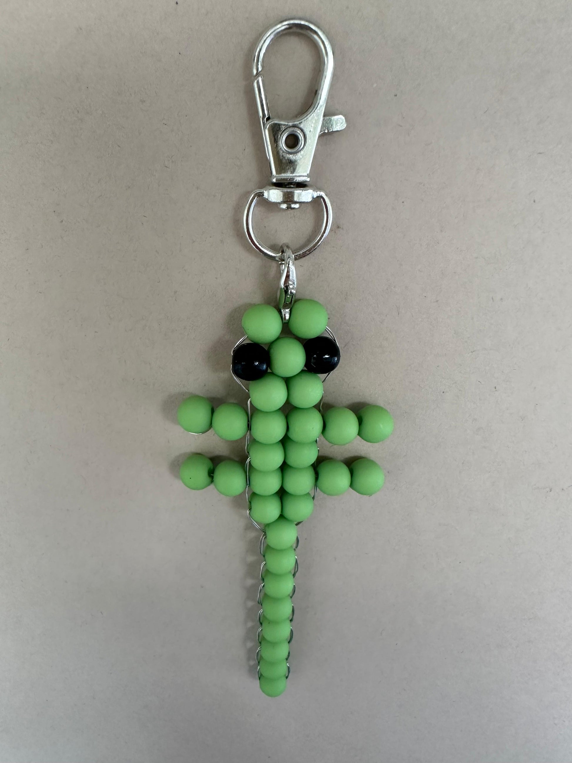Handmade GREEN LIZARD Silver Keychain with green and black beads on a sturdy clasp