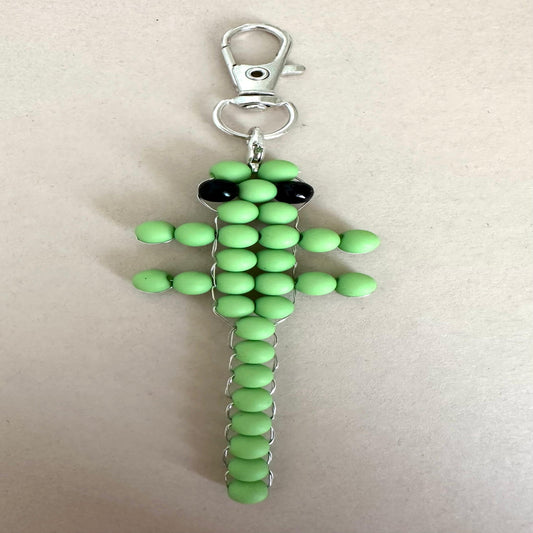 Handmade GREEN LIZARD Silver Keychain with green and black beads on a sturdy clasp