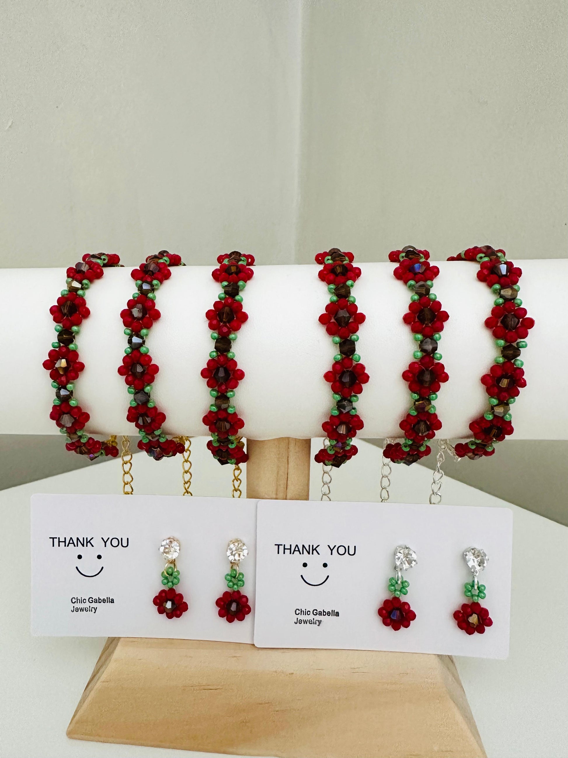 Bracelet - Elegant Handcrafted Red Blossom Bracelet and Earrings in Gold or Silver