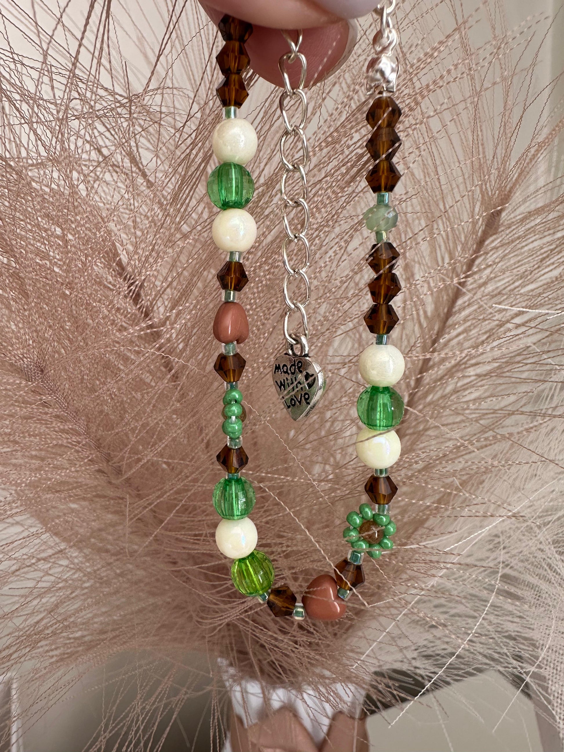 Handmade MORNING DEW bracelet with brown and green glass beads and floral details