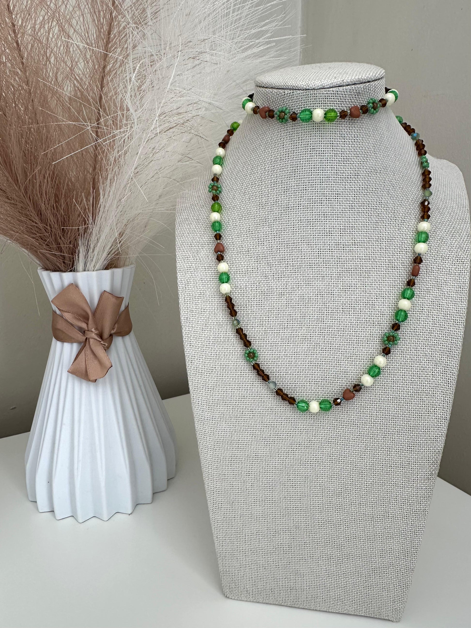 Handmade MORNING DEW bracelet with brown and green glass beads and floral details