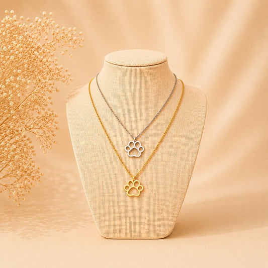 Elegant stainless steel paw print necklace in gold and silver, waterproof and tarnish resistant, 45 cm length