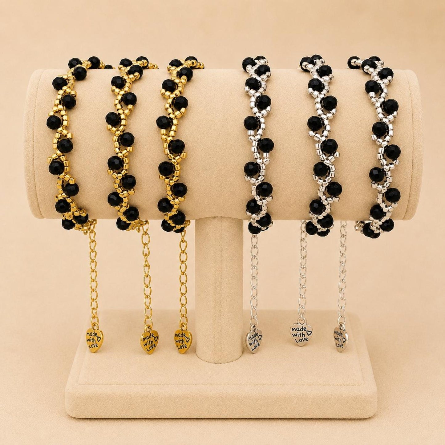 Handmade MIDNIGHT ROMANCE bracelet with black glass and gold or silver beads on an adjustable chain