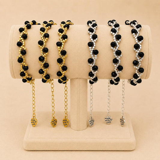 Handmade MIDNIGHT ROMANCE bracelet with black glass and gold or silver beads on an adjustable chain