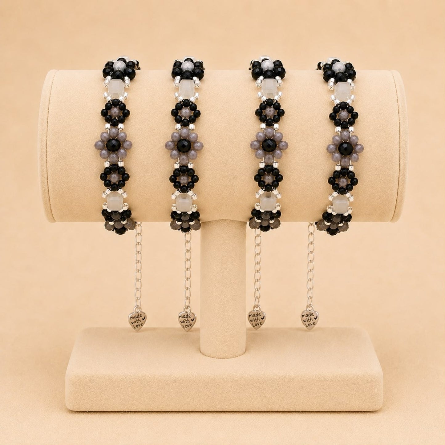 Handmade MIDNIGHT BLOSSOM bracelet with black, grey, and silver beads and stainless steel clasp