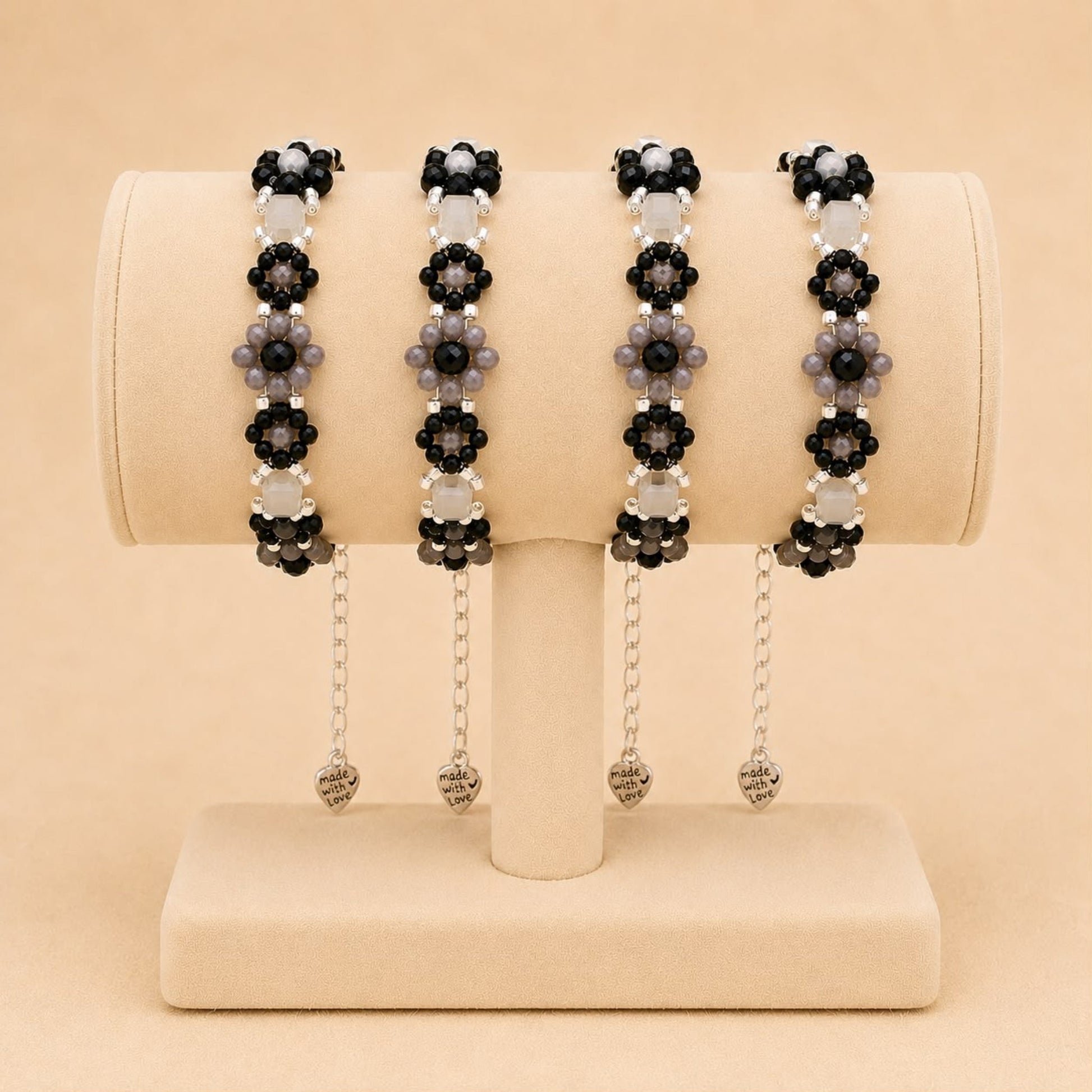 Handmade MIDNIGHT BLOSSOM bracelet with black, grey, and silver beads and stainless steel clasp