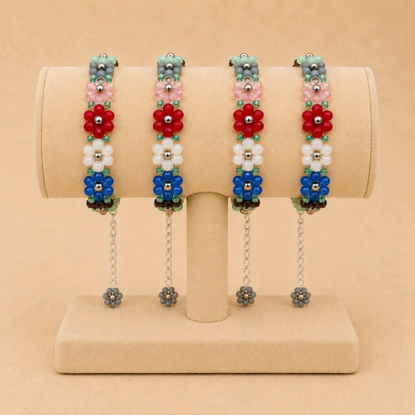 Handmade floral glass bead bracelet with colorful beads and stainless steel clasp