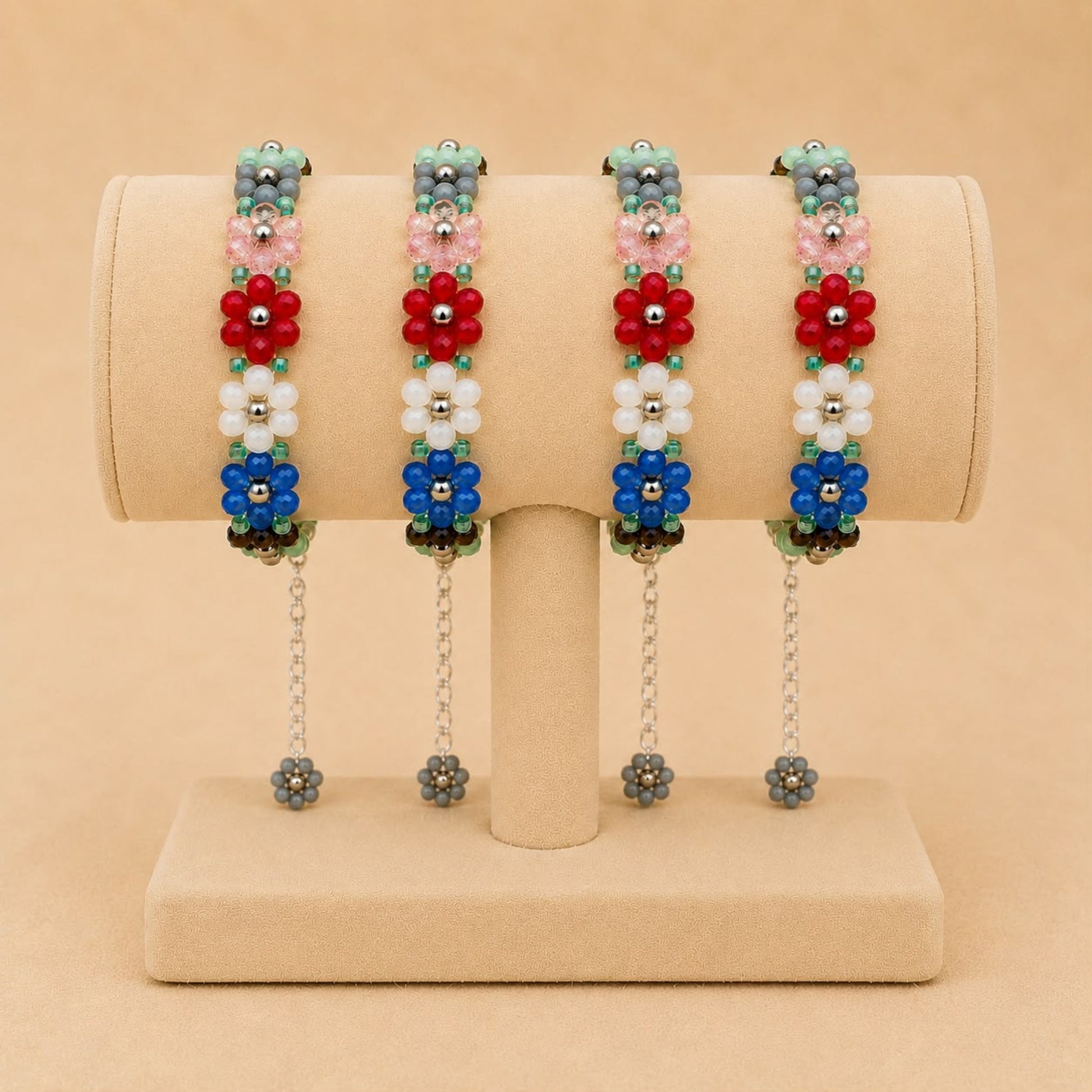 Handmade floral glass bead bracelet with colorful beads and stainless steel clasp