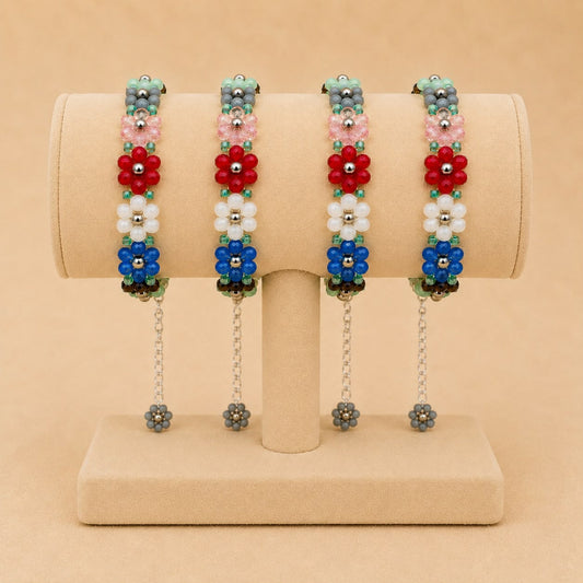Handmade floral glass bead bracelet with colorful beads and stainless steel clasp