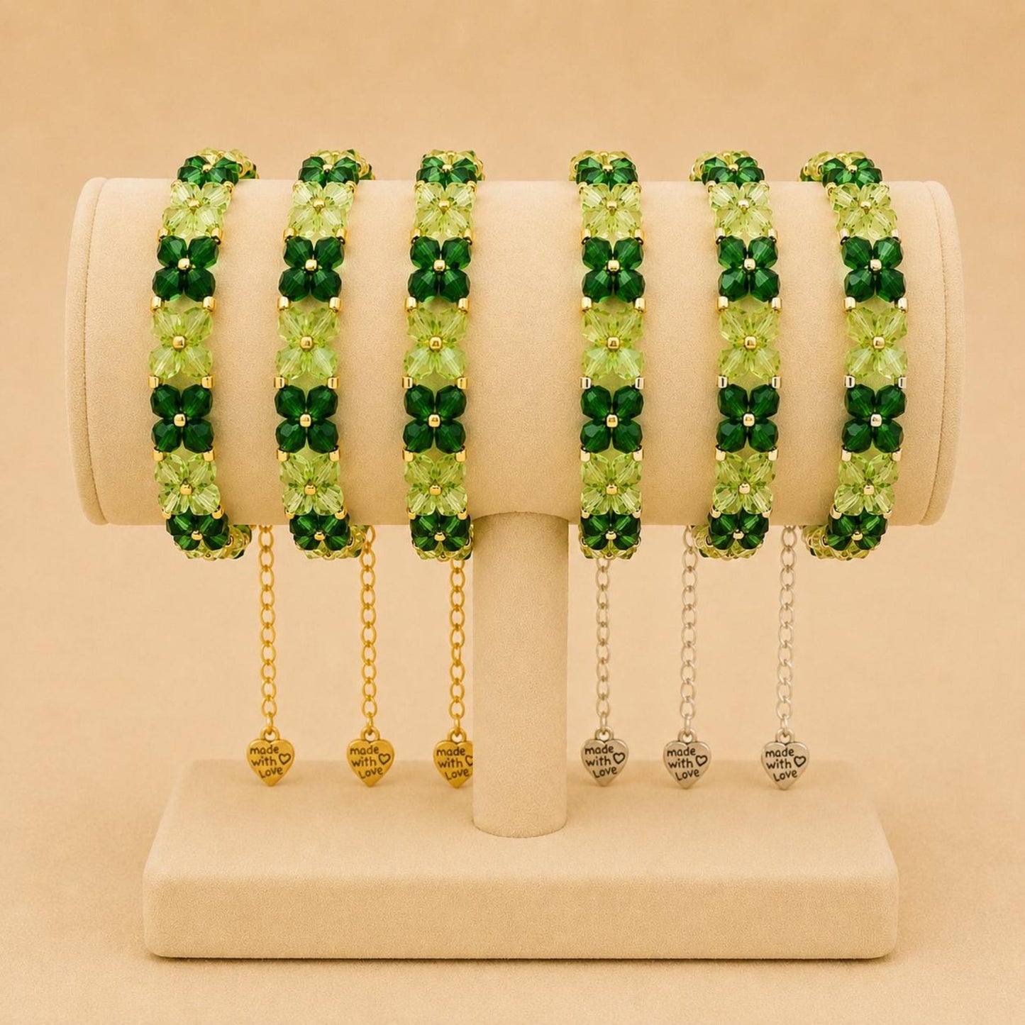 Handmade GREEN HARMONY bracelet with green crystal and gold or silver beads on stainless steel chain