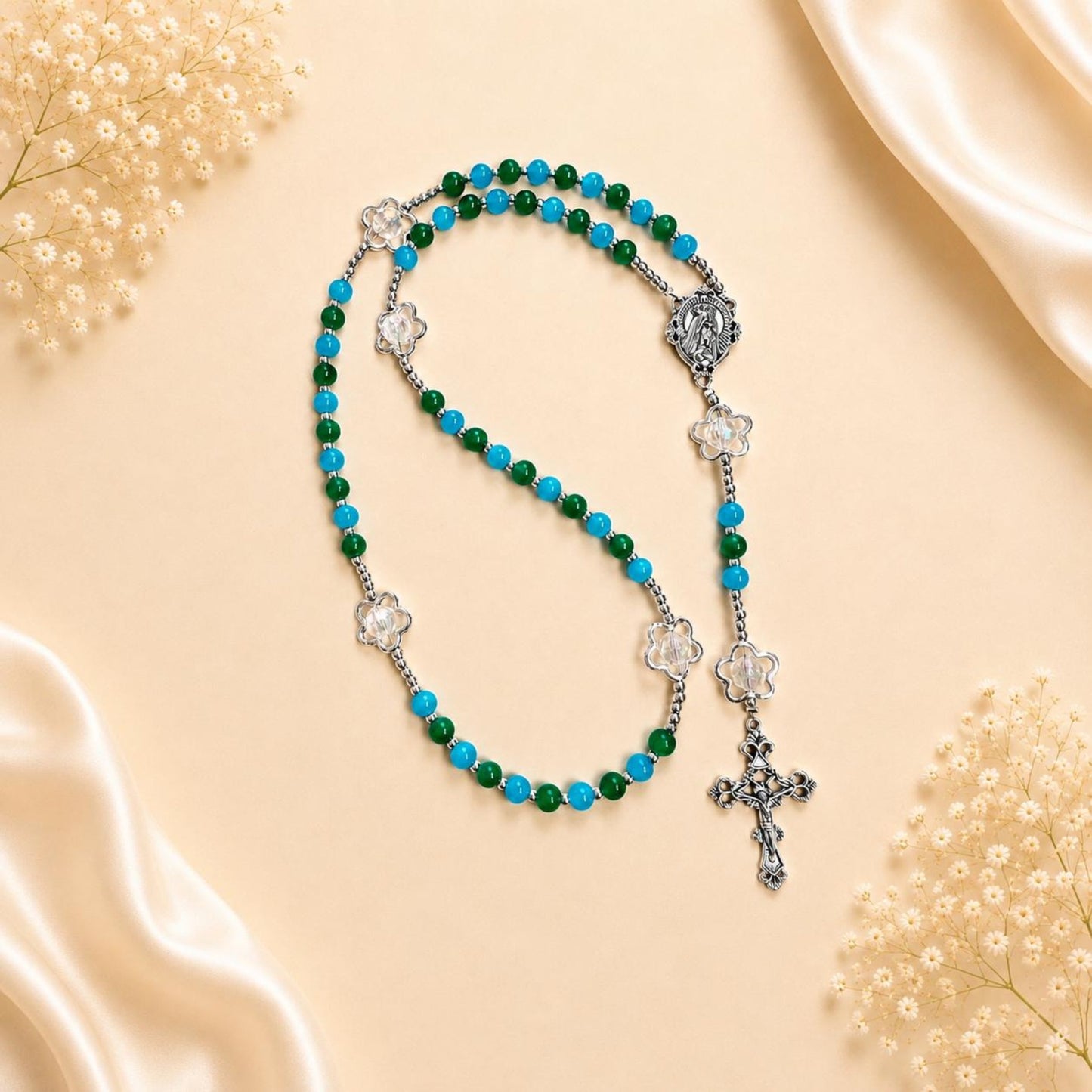 Ocean Bloom Handmade Rosary with green and turquoise glass beads and silver-tone flower accents