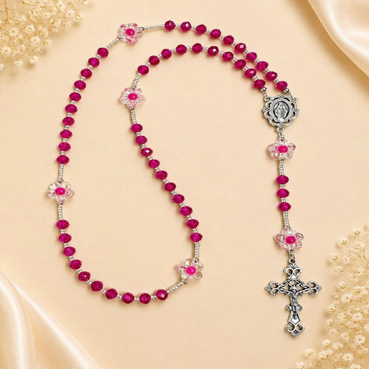 Fuchsia Blossom Handmade Rosary with fuchsia crystal beads and silver-tone crucifix detailed craftsmanship