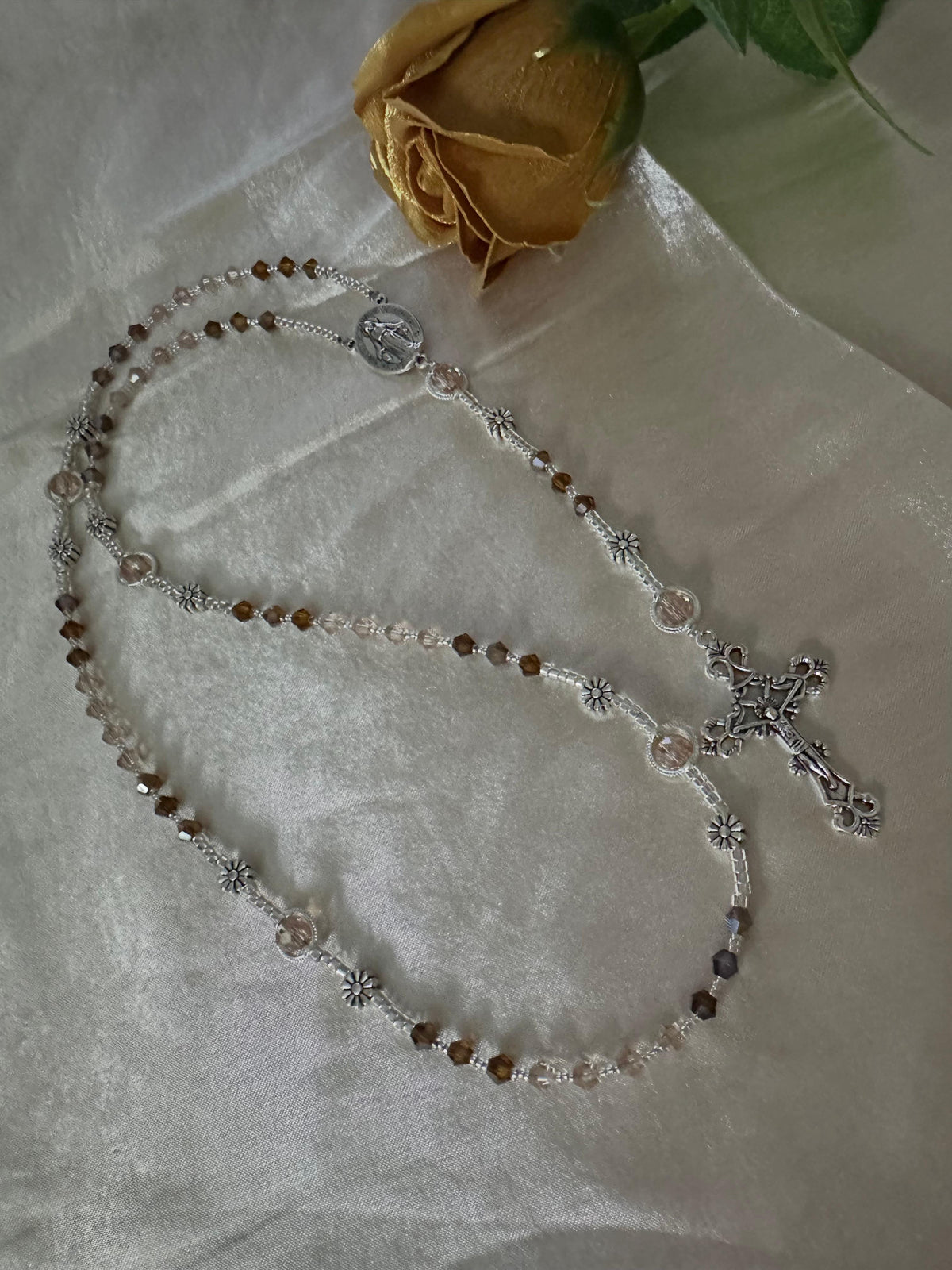 Amber & Champagne Handmade Rosary with faceted amber and champagne crystal beads, silver-tone flower spacers and crucifix