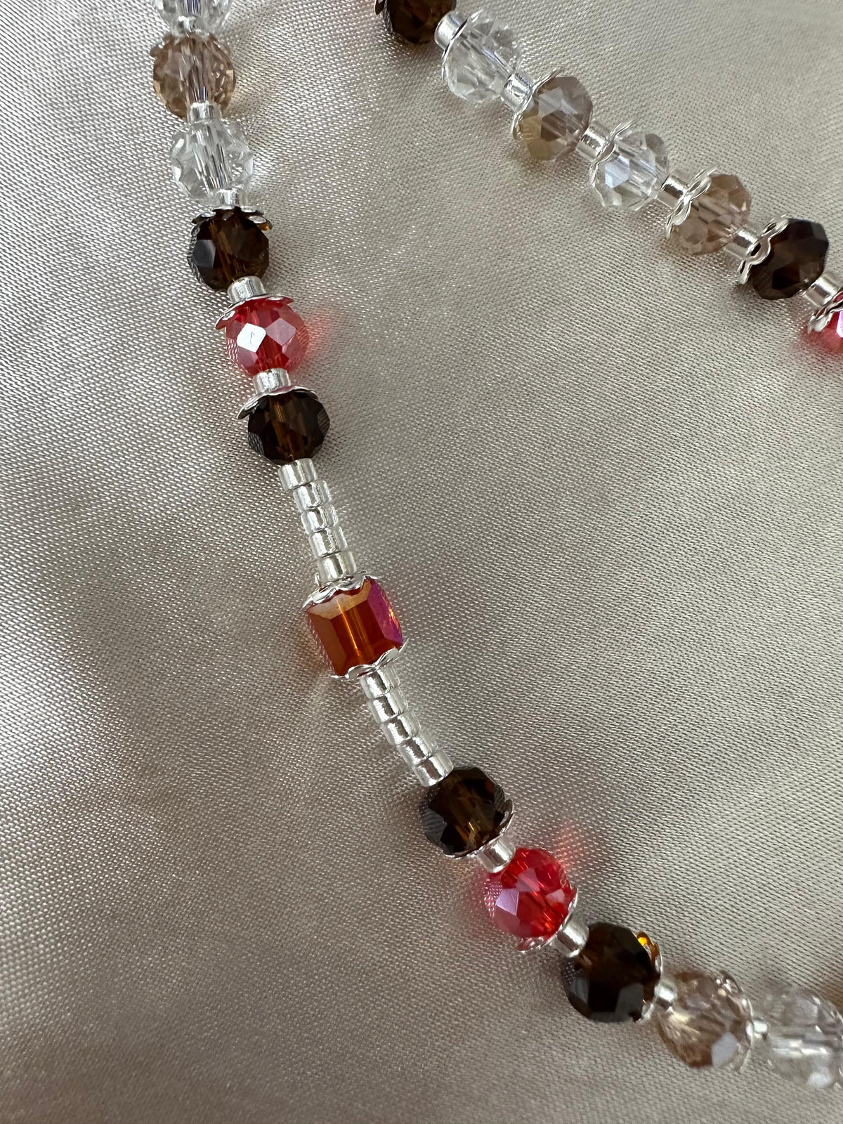 Autumn Elegance handmade rosary with red and brown glass beads and silver-tone details