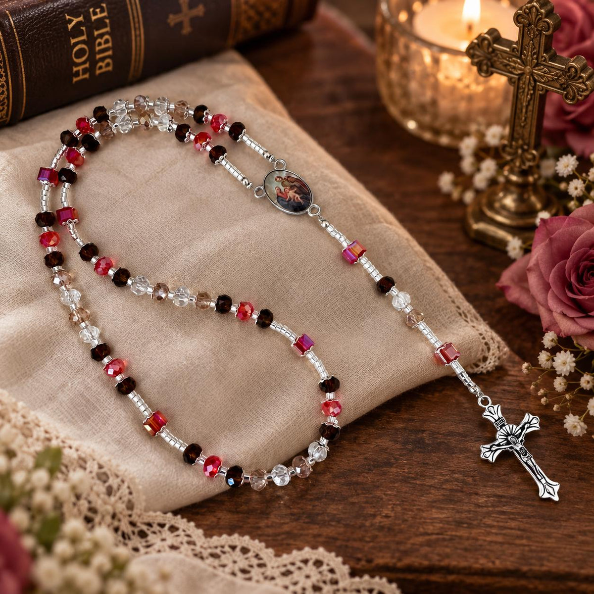 Autumn Elegance Handmade Rosary with red and brown glass beads and silver details