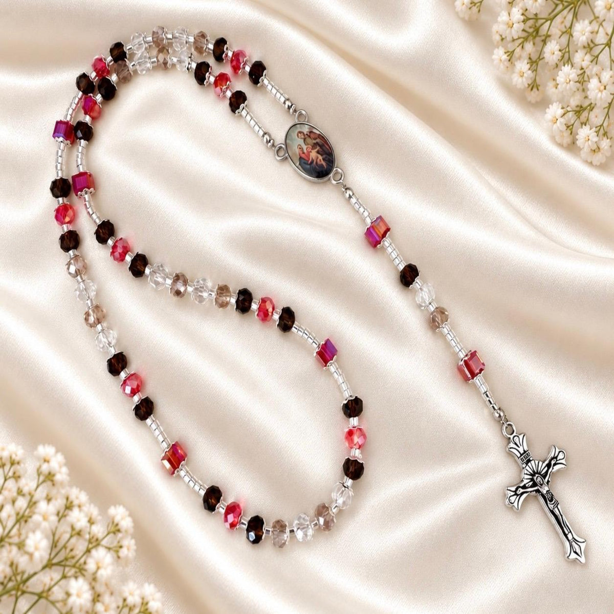 Autumn Elegance handmade rosary with red, brown, pale pink glass beads and silver-tone details
