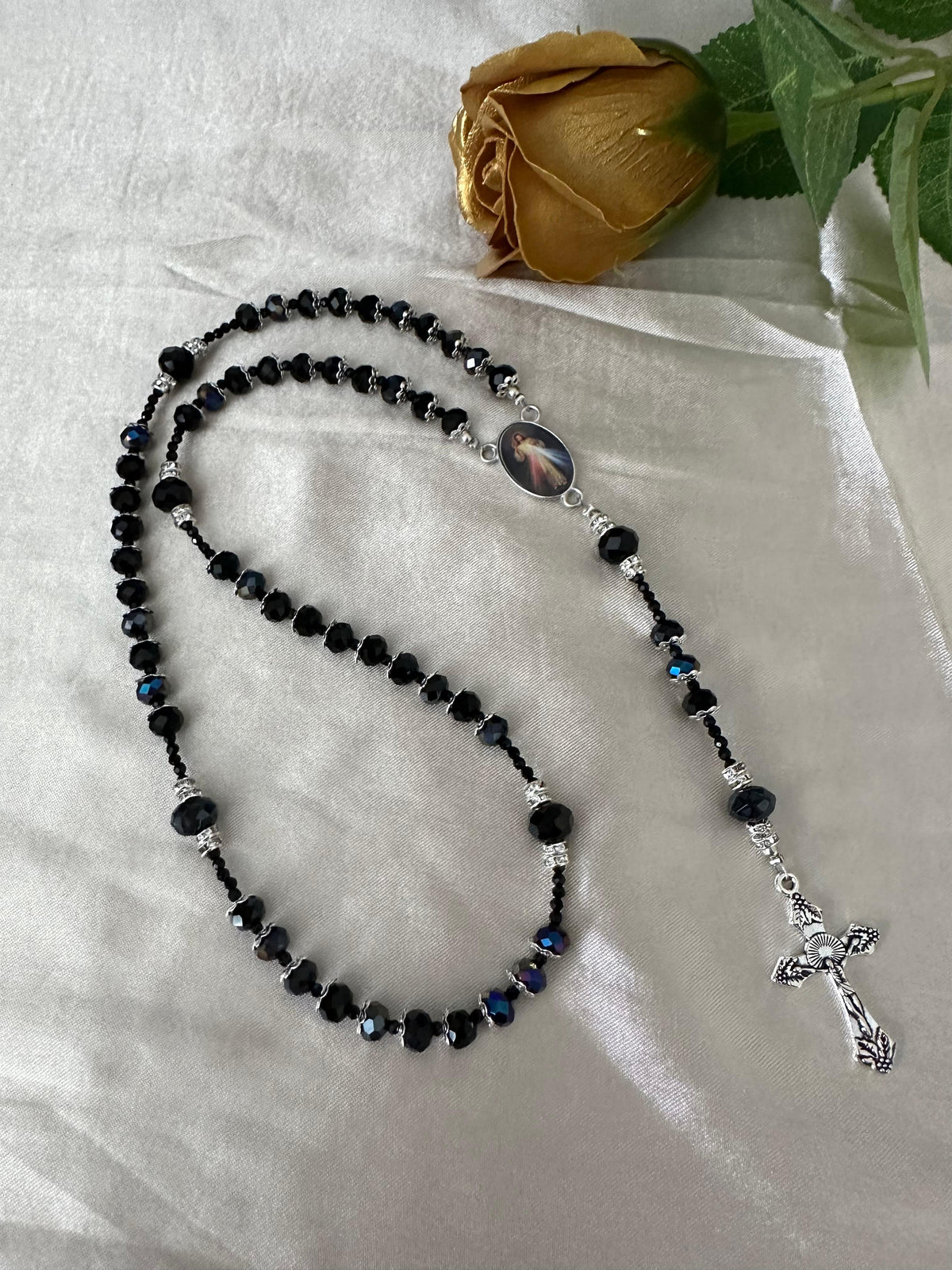 Handmade black elegance rosary with crystal beads and silver-tone crucifix for prayer and reflection