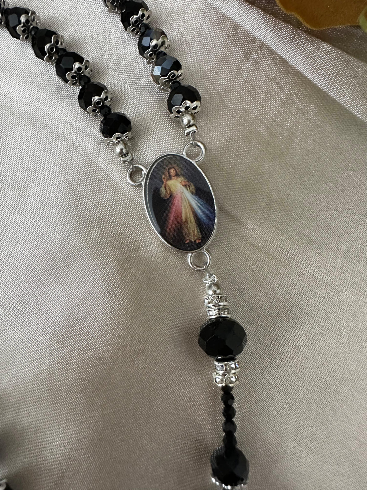 Black Elegance Handmade Rosary with black crystal beads and silver-tone details for prayer and reflection