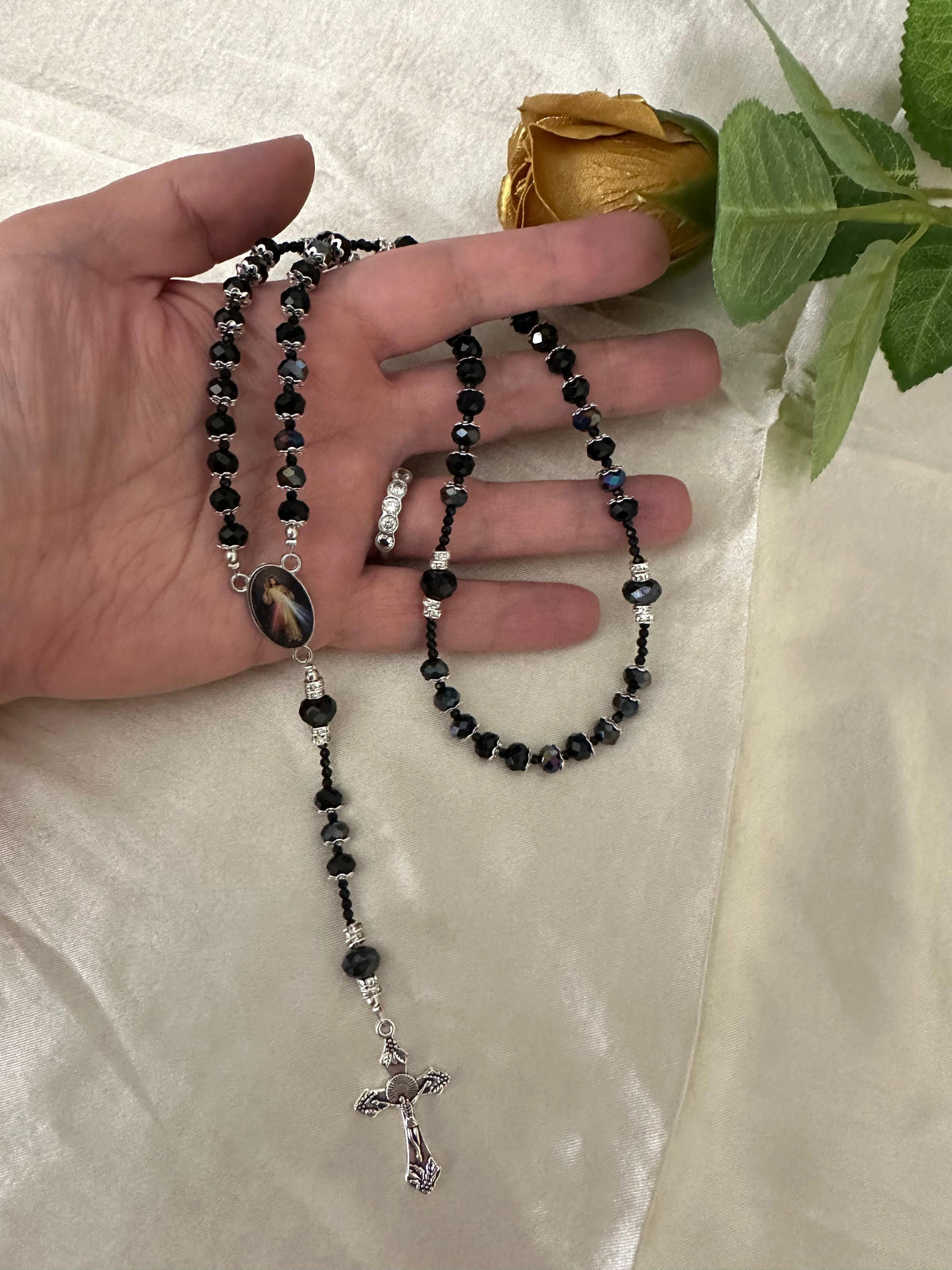 Black Elegance Handmade Rosary with black crystal beads, silver-tone accents, and Divine Mercy centerpiece for prayer and reflection