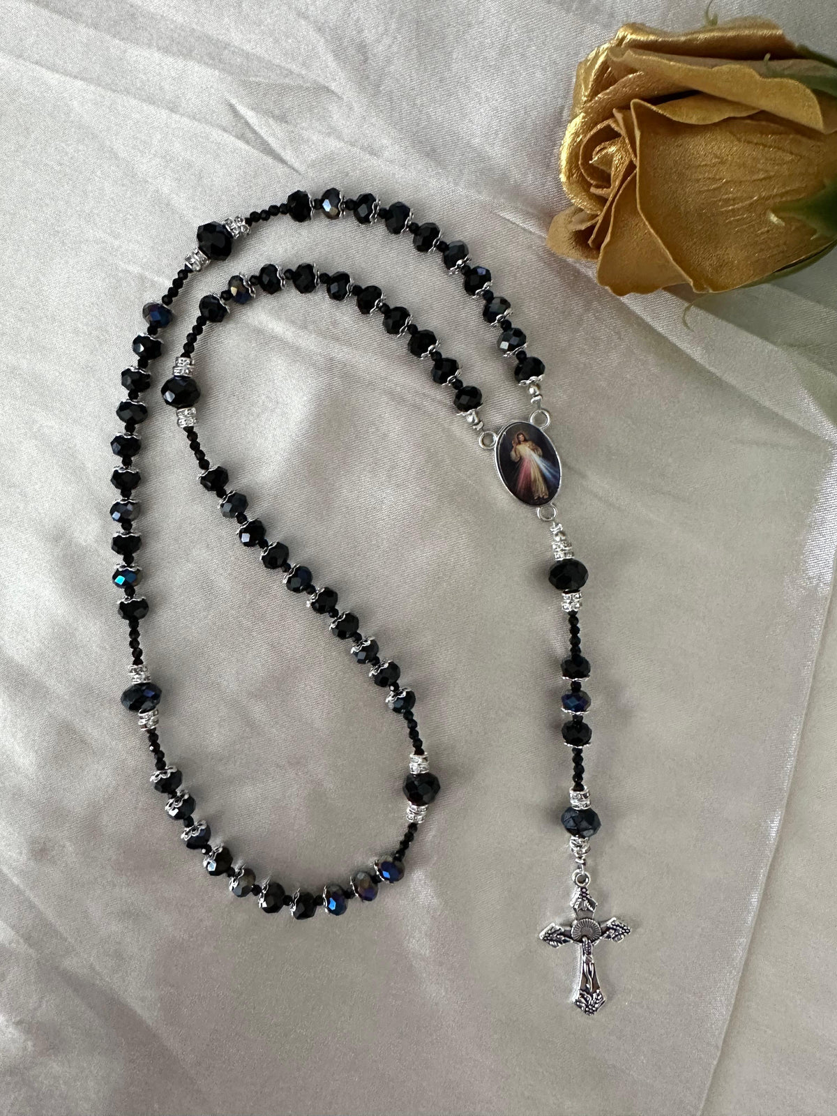 Black Elegance Handmade Rosary with black crystal beads and silver-tone accents for prayer and reflection