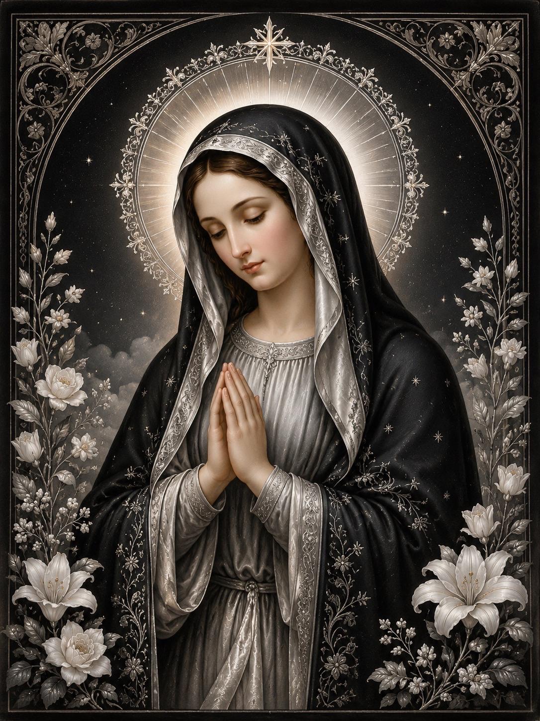 Black Elegance Handmade Rosary with black crystal beads, silver flower caps, and Divine Mercy centerpiece