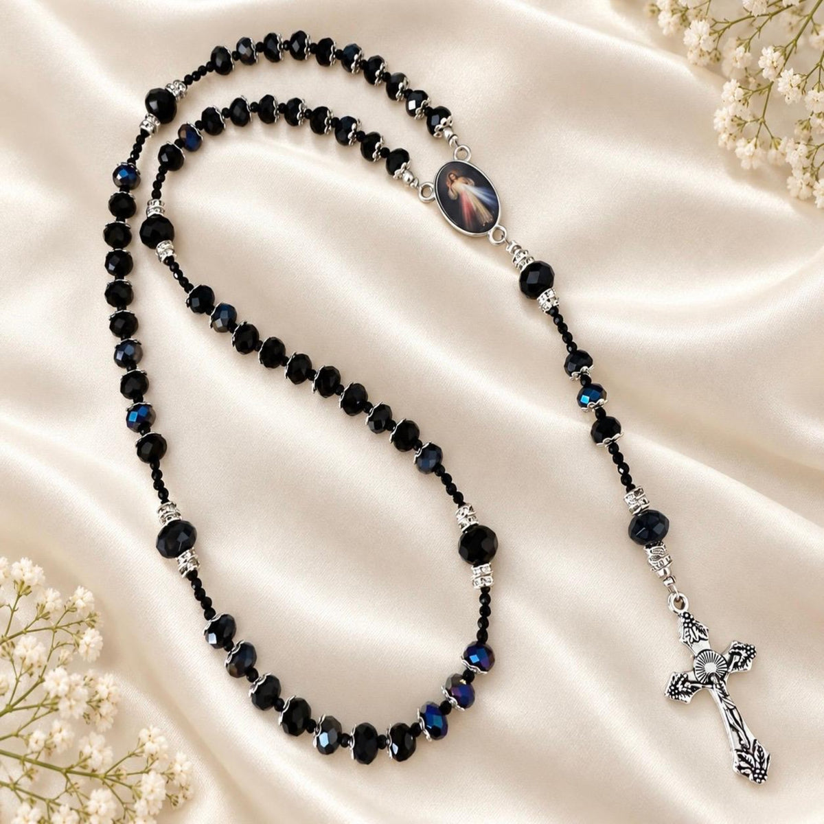 Black Elegance handmade rosary with black crystal beads, silver-tone accents, Divine Mercy centerpiece, and crucifix for prayer