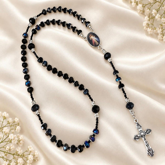Black Elegance handmade rosary with black crystal beads, silver-tone accents, Divine Mercy centerpiece, and crucifix for prayer