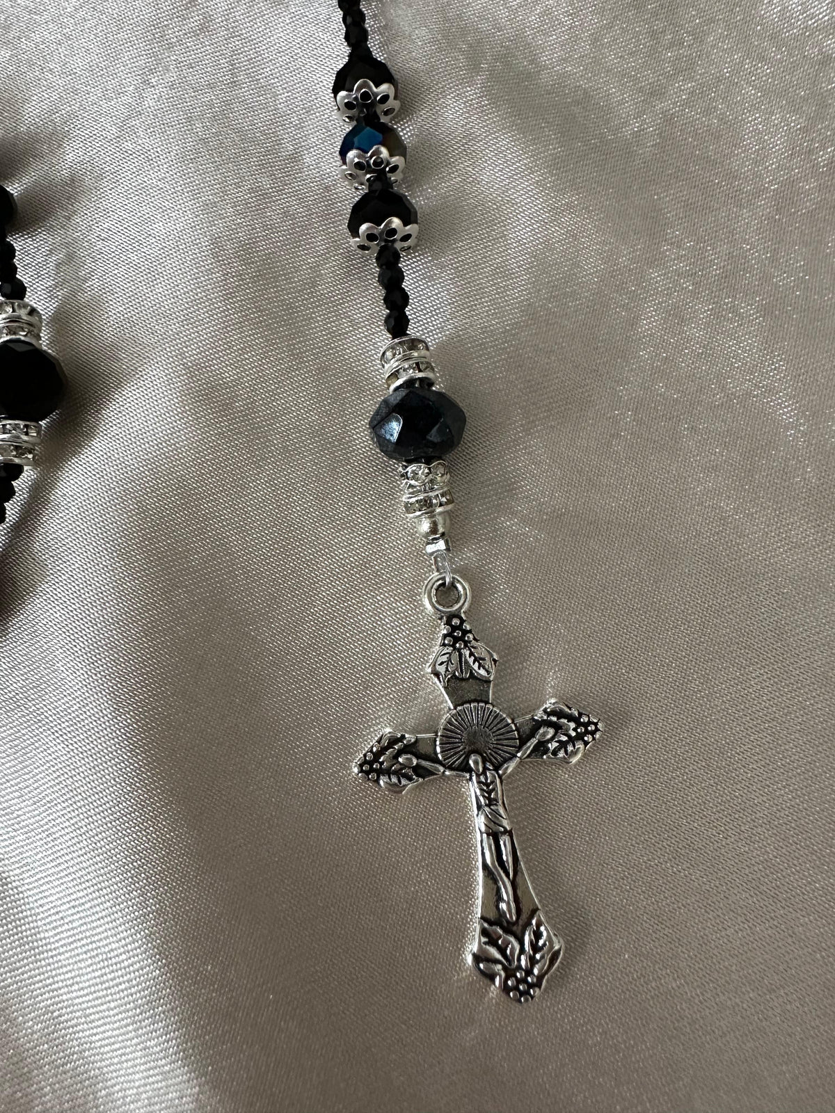Black Elegance Handmade Rosary with black crystal beads and silver-tone accents for prayer and reflection