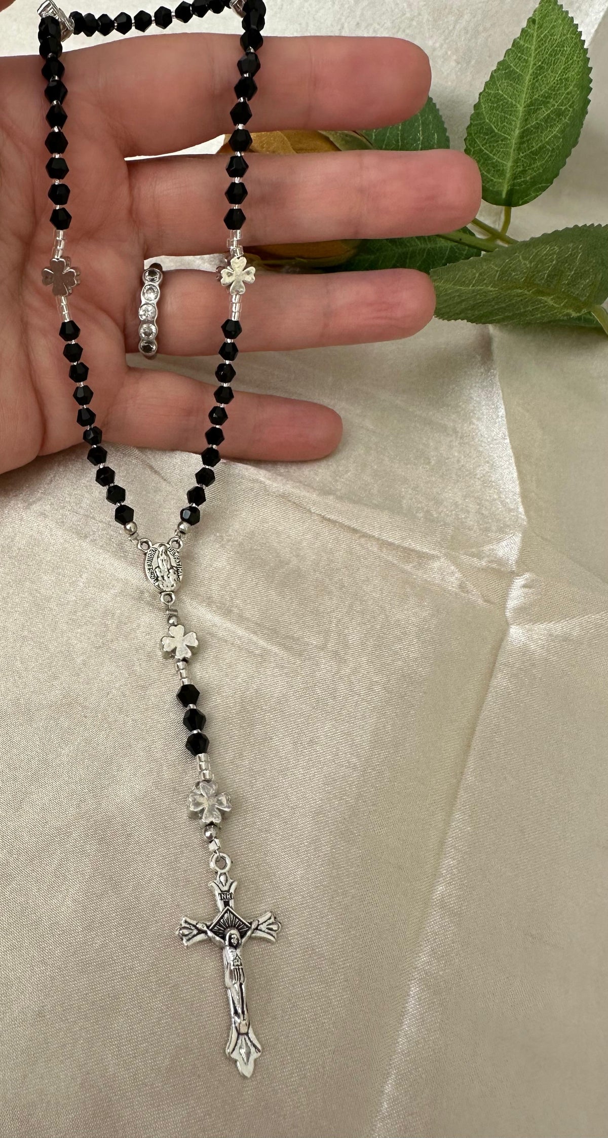 Black Grace handmade rosary with black crystal beads and silver-tone accents
