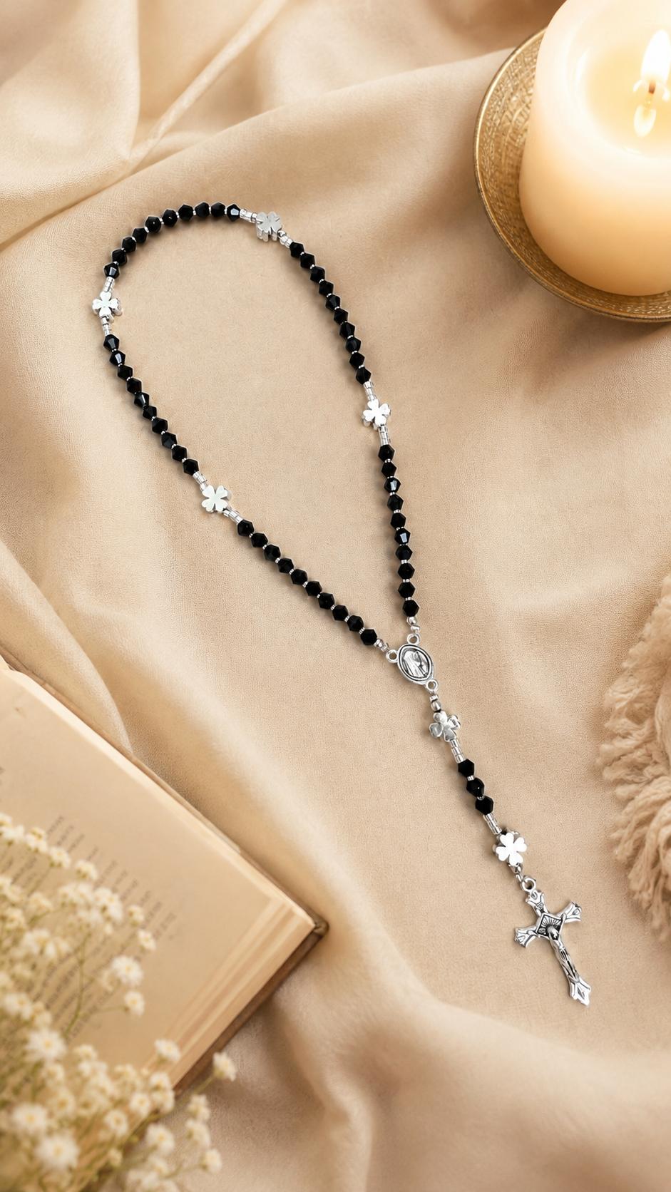 Black Grace Handmade Rosary with black crystal beads and silver accents